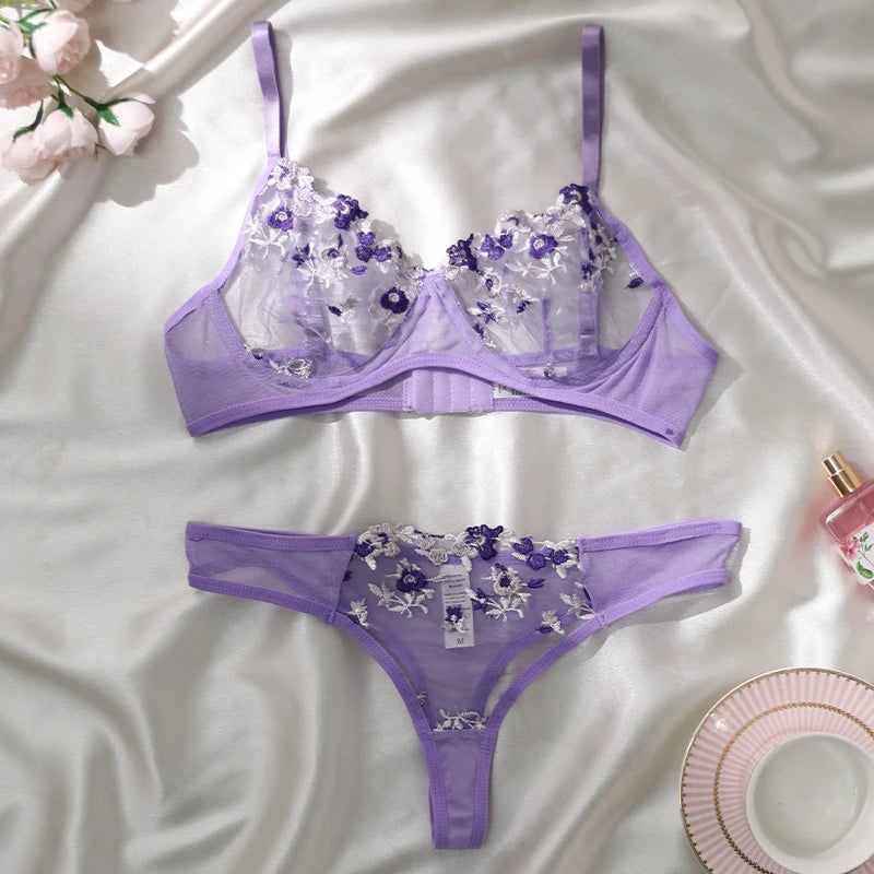 Purple Fancy Lingerie Set Female Underwear Embroidery Flower Bra And Panty Sets Women Outfits - Matrix-studios.com