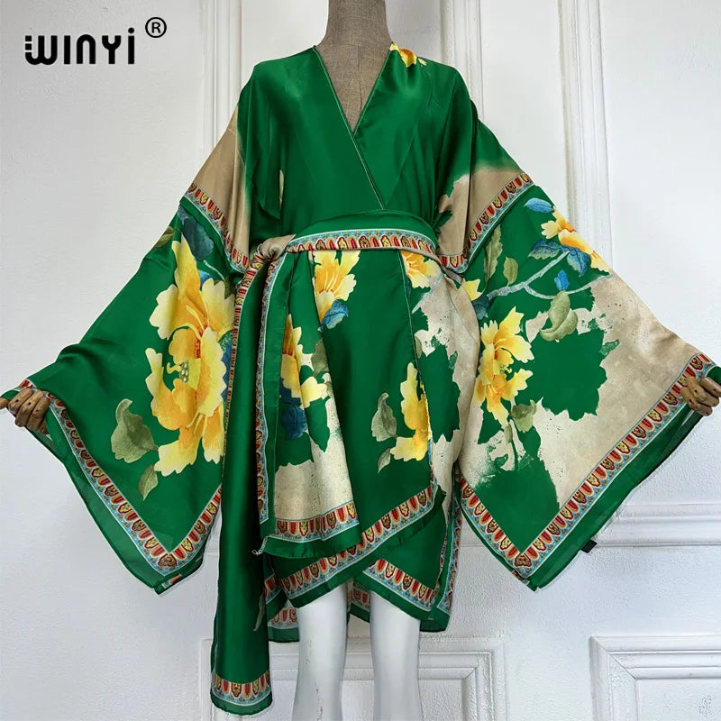 WINYI Summer Beach Outfits Women Swim Suit Cover Up Kaftan Boho Cardigan Stitch Self Belt Sexy Holiday Long Sleeve Print Kimono - Matrix Studios