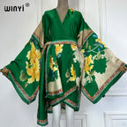 WINYI Summer Beach Outfits Women Swim Suit Cover Up Kaftan Boho Cardigan Stitch Self Belt Sexy Holiday Long Sleeve Print Kimono - Matrix Studios