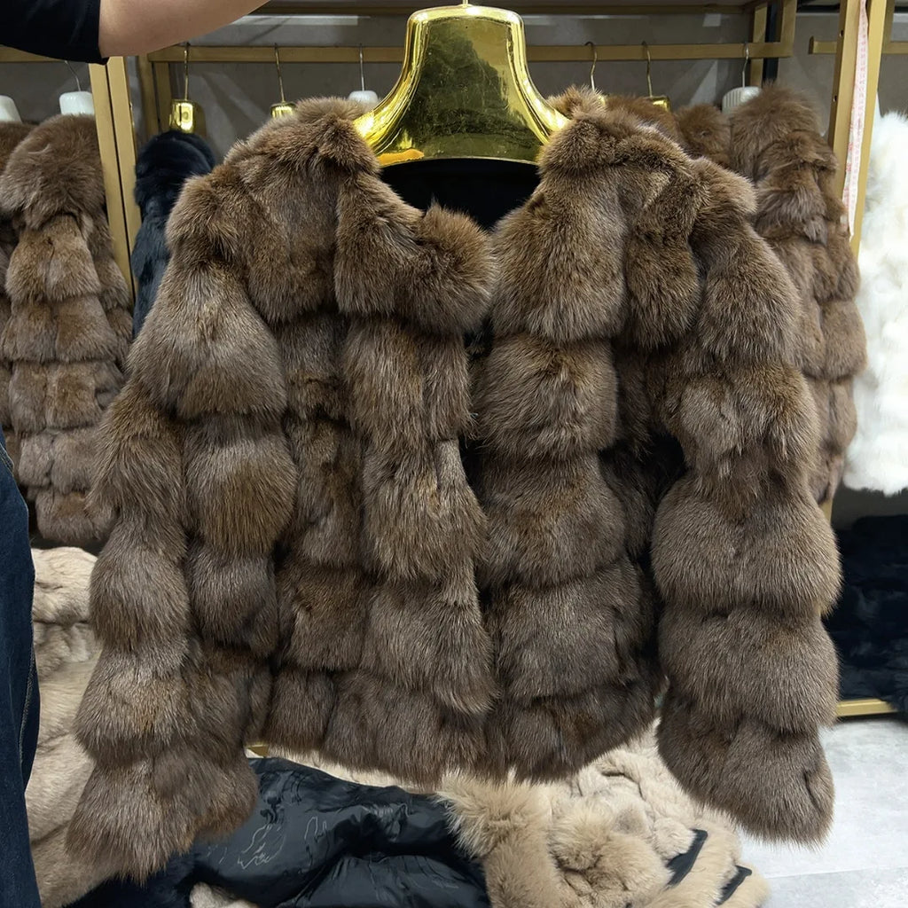 HUA QIU MEI SI Women's Natural Fox Fur Jacket with Fox Collar for Winter Warmth, Short Style Real Fox Fur Leather Jacket - Matrix Studios