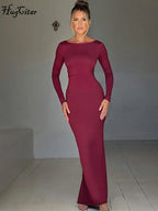 Hugcitar Spring Elegant Long Sleeve Backless Solid Cuched Sexy Bodycon Maxi Prom Dress Women Outfit Evening Party Festival Y2K - Matrix-studios.com