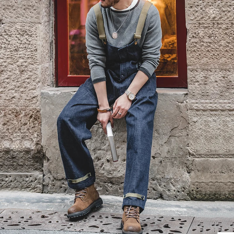 Maden Vintage Unisex Denim Overalls Baggy Fit Navy Deck Jumpsuits Couple Cotton Wide-leg Oversize Jeans for Autumn and Winter - Matrix Studios