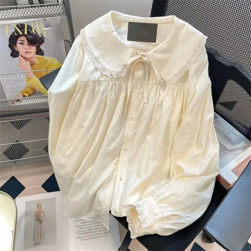 Japanese Style Cute Peter Pan Collar Shirt Women Sweet Lace Spliced Long Sleeved Blouses Woman All-Match Loose Buttons Shirts - Matrix-studios.com