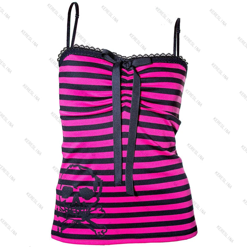 Millennial Style Y2K Skull Lace Bow Striped Halter Top Punk Goth Harajuku Style Top Summer Spice Girls Aesthetic Slim Streetwear - Matrix-studios.com