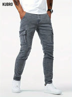 Street Elastic Jeans Men Denim Cargo Pants Wash Solid Color Multi Pockets Casual Mid Waist Trousers Slim Fit Daily Wear Joggers - Matrix Studios