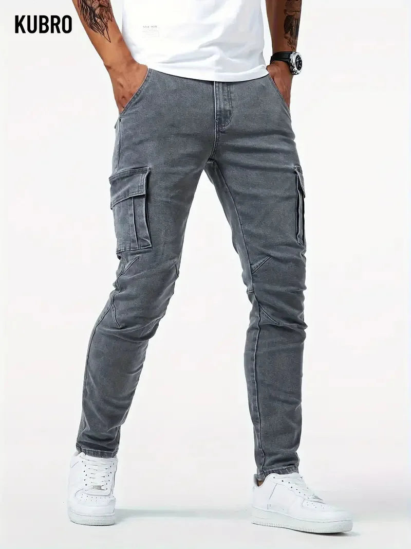Street Elastic Jeans Men Denim Cargo Pants Wash Solid Color Multi Pockets Casual Mid Waist Trousers Slim Fit Daily Wear Joggers - Matrix Studios