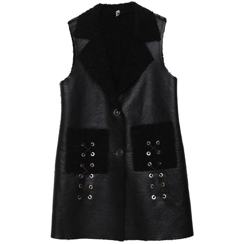 Autumn Winter Fur Leather Vest Coat Long Lambwool Sleeveless Jacket Thick Velvet Warm Waistcoat Large Size Women Fur Vest L-5XL - Matrix Studios