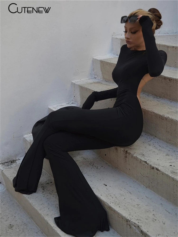 Cutenew Solid Black Sexy Backless Bodycon Wide Leg Jumpsuit Women Autumn Casual Slim Long Sleeve O-Neck Playsuit Lady Streetwear - Matrix Studios
