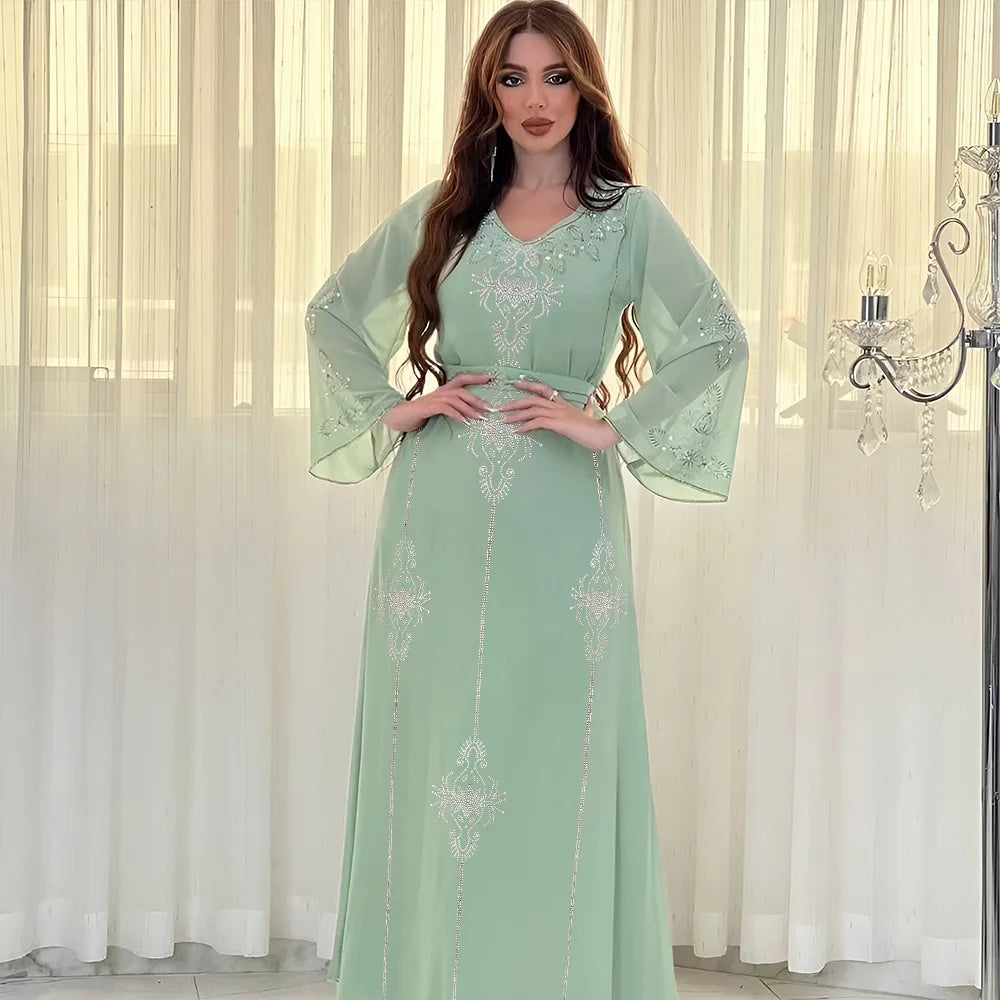 Polyester Muslim Abaya for Women Summer Elegant Orange Blue Pink Green Muslim Women Long Sleeve V-neck Polyester Long Abaya - Matrix-studios.com