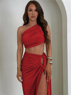 Ladies Summer 2 Pieces Set Women Sleeveless Backless Strap Spit Crop Top Side Slit Slim Long Skirt Evening Party Club Streetwear - Matrix-studios.com