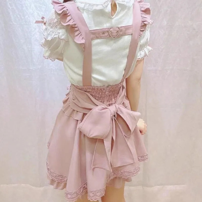 Japanese Gothic Lolita Ribbon Short Suspender plaid Skirt Girls Sweet Cute Lace A-Line Mini Skirts summer2026 black solid kawaii - Matrix-studios.com