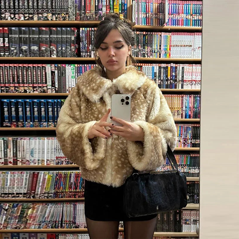 Retro Faux Fur Short Coat Women Elegant Casual Plush Lapel Single Breasted Coats Female 2025 Winter Classic Chic Street Outwear - Matrix Studios