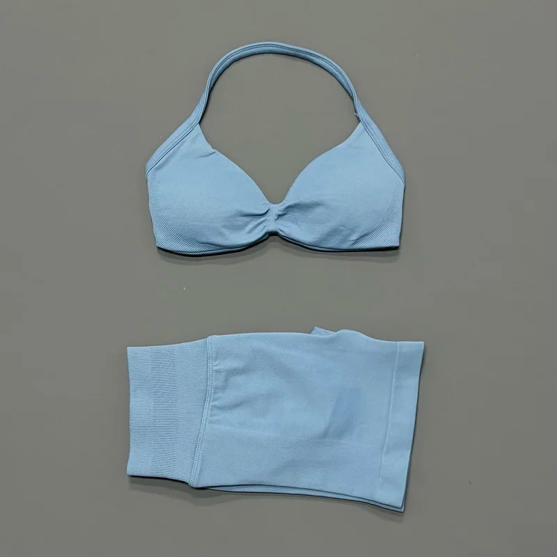 HISTELLO Gym Set 2 Piece Women Strappy Yoga Bra Top Workout Scrunch Shorts Sports Suit Fitness Clothes Seamless Yoga Set - Matrix-studios.com
