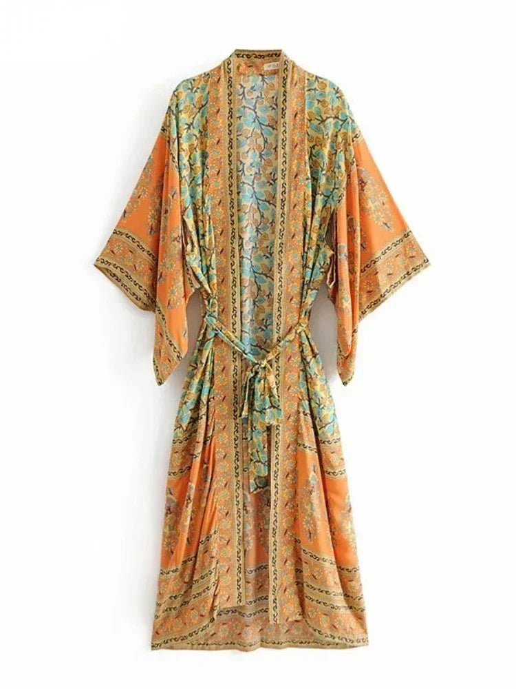 Vintage Chic Women Yellow Floral Print Beach Bohemian Kimono Ladies V Neck Batwing Sleeves Maxi Robe Boho Bikini Cover-ups - Matrix Studios