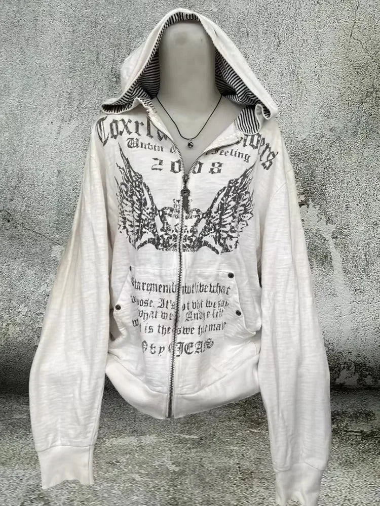 American Y2K New Hip Hop Trend Zipper Hoodie Women Street Casual Loose Joker Vintage Sweatshirt Unisex Fleece Padded Warm Hoodie