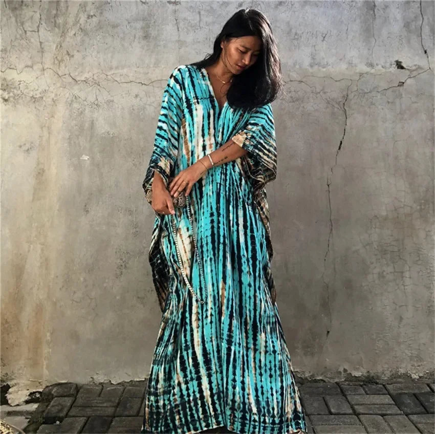 2026 Summer Bohemian Striped Print Women Beach Dress Bathing Suit Cover Up Summer Tunic for Woman Beachwear Robe De Plage Kaftan - Matrix Studios