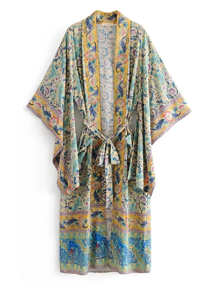 Bohemian Printed Bikini Cover-ups Green Tunic Long Kimono Cardigan Plus Size 2023 Women Beach Wear Swim Suit Cover Up A155 - Matrix Studios
