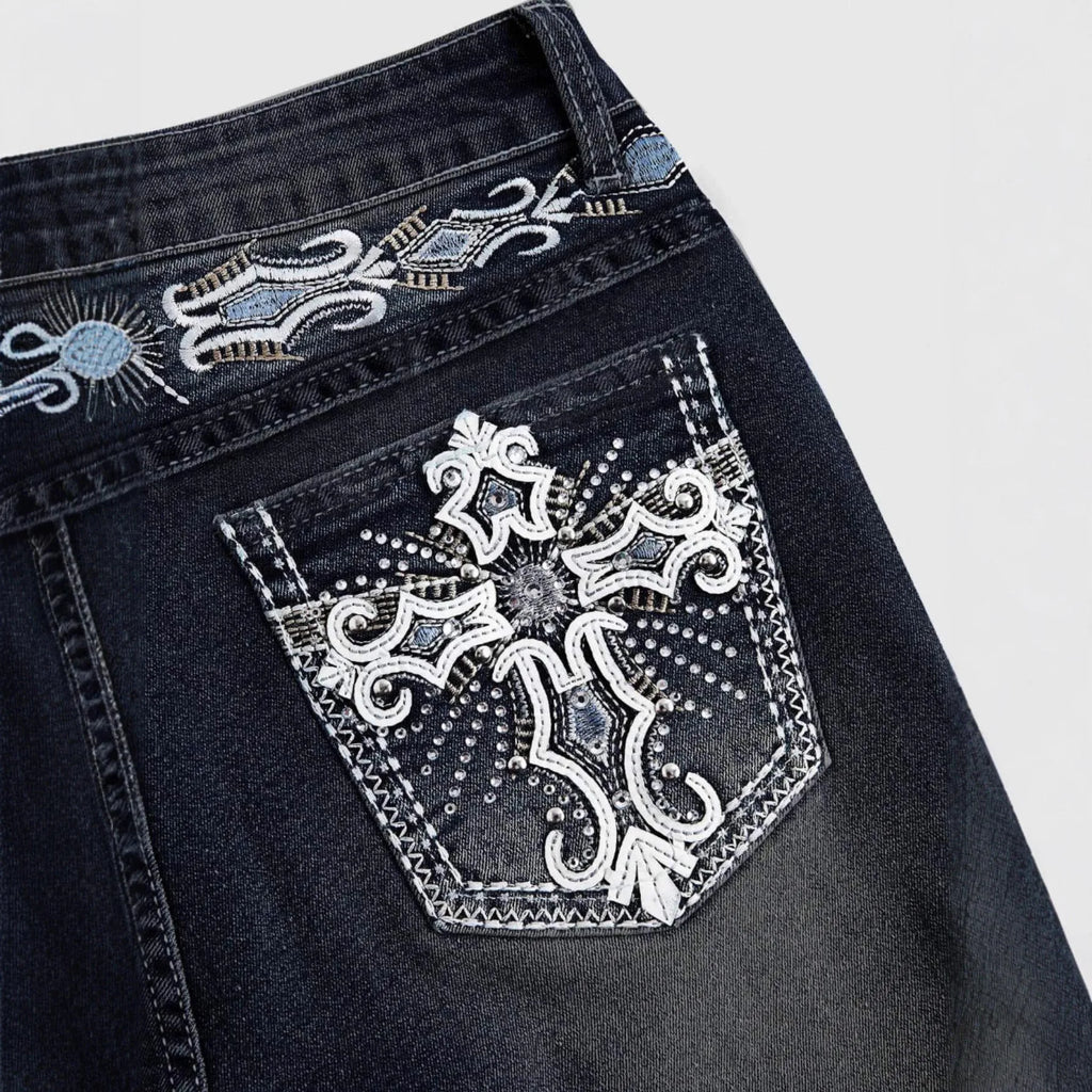 Jeans Flare Pants Women Vintage Boot Cut Embroidery Pockets Rhinestone Washed Female Distressed Denims Trousers Streetwear - Matrix-studios.com