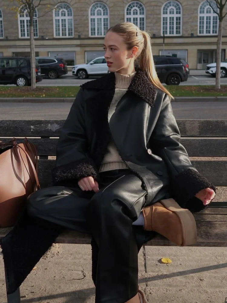 Women's Black Fur Patchwork Leather Overcoat Fashion Laple Long Sleeve With Belt Loose Coat 2025 New Winter Office Commute Wear - Matrix Studios
