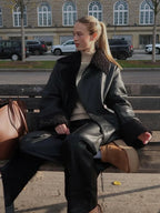 Women's Black Fur Patchwork Leather Overcoat Fashion Laple Long Sleeve With Belt Loose Coat 2025 New Winter Office Commute Wear - Matrix Studios