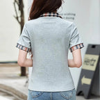 European Station Polo Collar Checkered Short sleeved T-shirt Women's Summer New Fashion Light Luxury Loose Pure Cotton Top - Matrix-studios.com