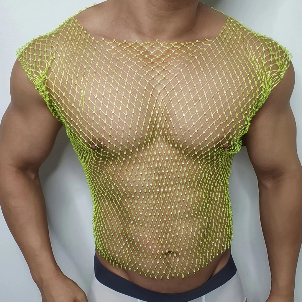 Men Sexy Tank Tops Fishnet Rhinestone Shiny Hollow Vest Man Mesh See-Through Sleeveless T-Shirt Transparent Clothing - Matrix Studios