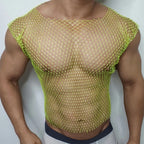 Men Sexy Tank Tops Fishnet Rhinestone Shiny Hollow Vest Man Mesh See-Through Sleeveless T-Shirt Transparent Clothing - Matrix Studios