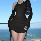 Solid Skew Collar Ruched Straps Lace-Up See Through Draw String Mini Dress 2025 Summer  Women Party Clubwear Wholesale - Matrix-studios.com