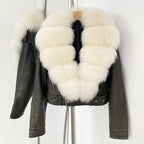 OFTBUY Natural Fox Fur Faux Leather Jacket Female New Autumn Short Top Clothing Women Long Sleeve Fake Leather Real Fur Coat - Matrix Studios