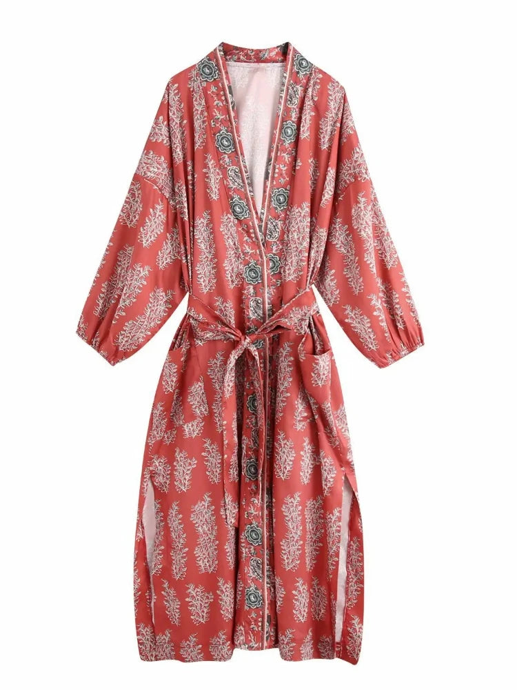 Bohemian Printed Bikini Cover-ups Green Tunic Long Kimono Cardigan Plus Size 2023 Women Beach Wear Swim Suit Cover Up A155 - Matrix Studios