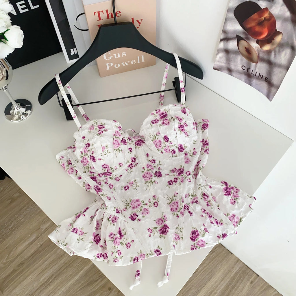 Sexy Slim  Corset ruffle print Chic Korean Camis Tank Top Basic Fashion Off Shoulder Summer Women Clothing - Matrix-studios.com