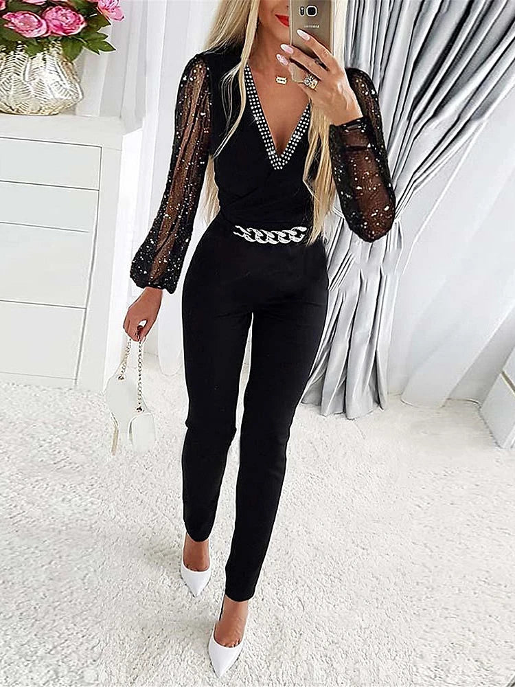 Jumpsuits Women One Piece V Neck Full Sleeve Tight High Waist Overalls Casual Sheath Long Pencil Pants Rompers Slim Fit Y2k - Matrix Studios