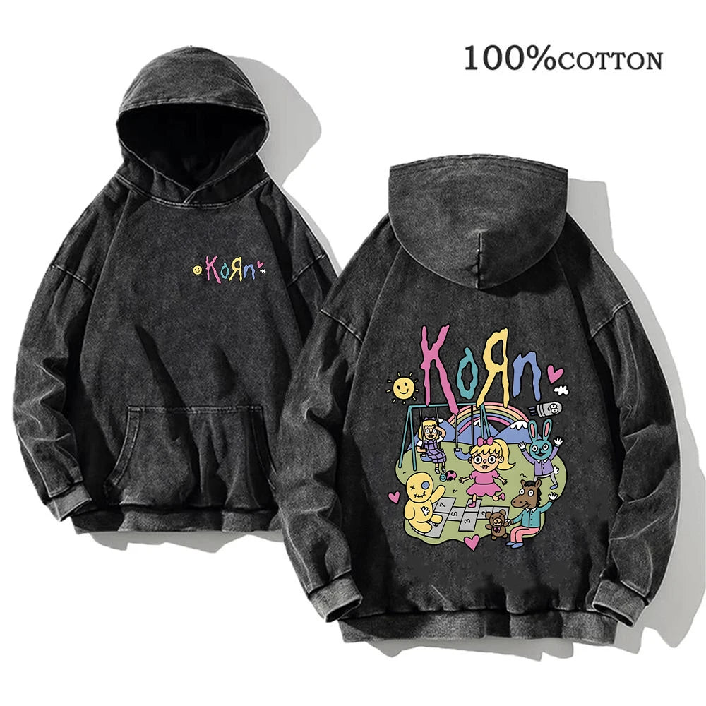 Korn Rock Band World Tour Hoodies Vintage Washed Men's Sweatshirts Cotton Hip Hop Streetwear Hooded Pullover Loose Y2K Tops - Matrix Studios