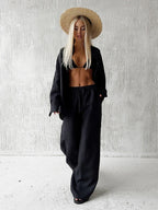 Bornladies Cotton Casual Pants Sets Women's Solid Color Cozy Lapel Long Sleeve Shirt Summer Outfit Elastic Waist Pants Suits - Matrix-studios.com