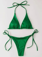 Halter Brazilian Metallic Satin Bikini Women Swimwear Female Swimsuit Two-pieces Bikini Set High Cut Bathing Suit Swim Beachwear - Matrix-studios.com