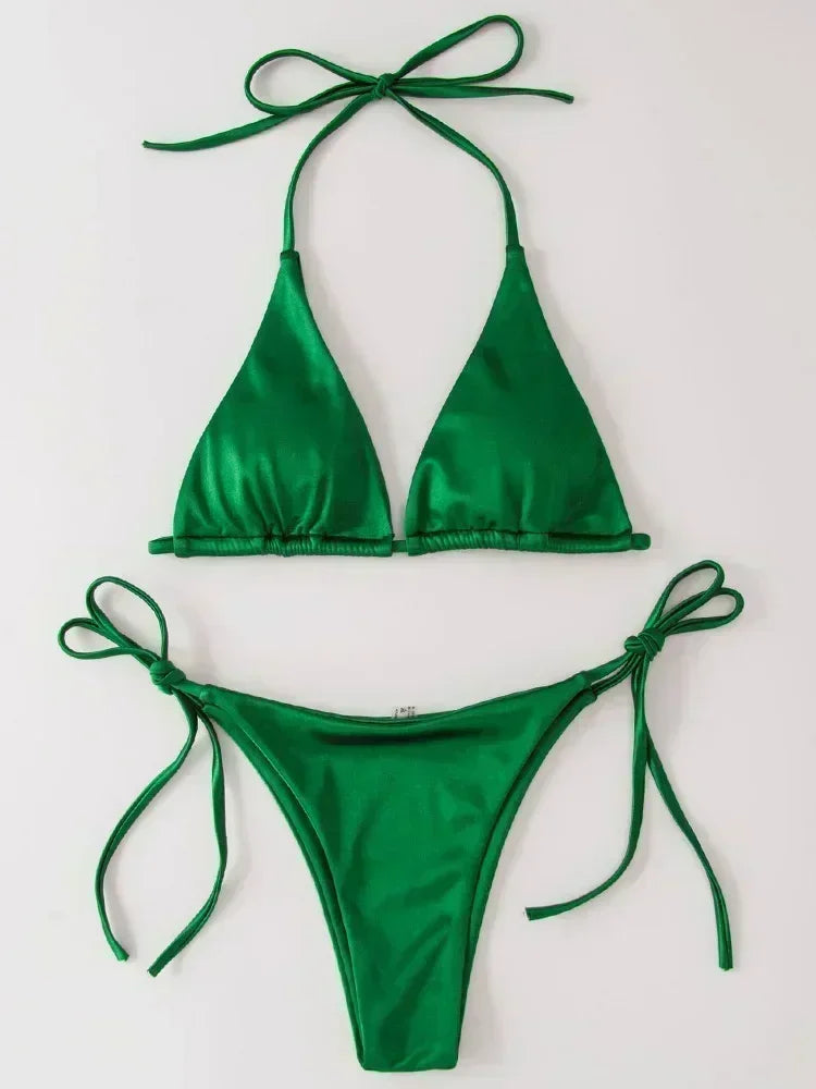 Halter Brazilian Metallic Satin Bikini Women Swimwear Female Swimsuit Two-pieces Bikini Set High Cut Bathing Suit Swim Beachwear - Matrix-studios.com
