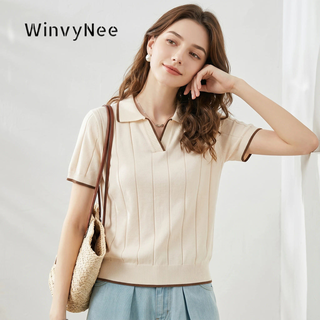 WinvyNee Summer Short Sleeve Women's Solid Polo Collar T-Shirt Casual Cotton Tops Women Clothing Y2k Elegant Knitted A1092079 - Matrix-studios.com