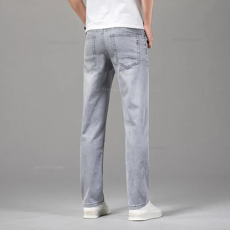 Summer Thin Men's Elastic Cotton Jeans Fashion Gray Comfortable Business Straight Casual Pants Brand Male Clothes Trousers - Matrix Studios