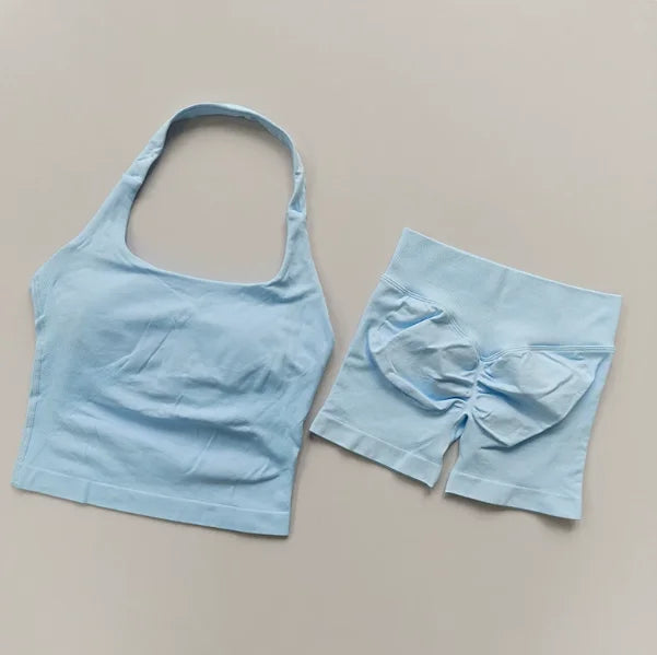 Yoga 2 Pieces Gym Set Women Backless Halter Tops High Waist Seamless Shorts Gym Suit Fitness Sports Bras Sportswear Workout Sets - Matrix-studios.com