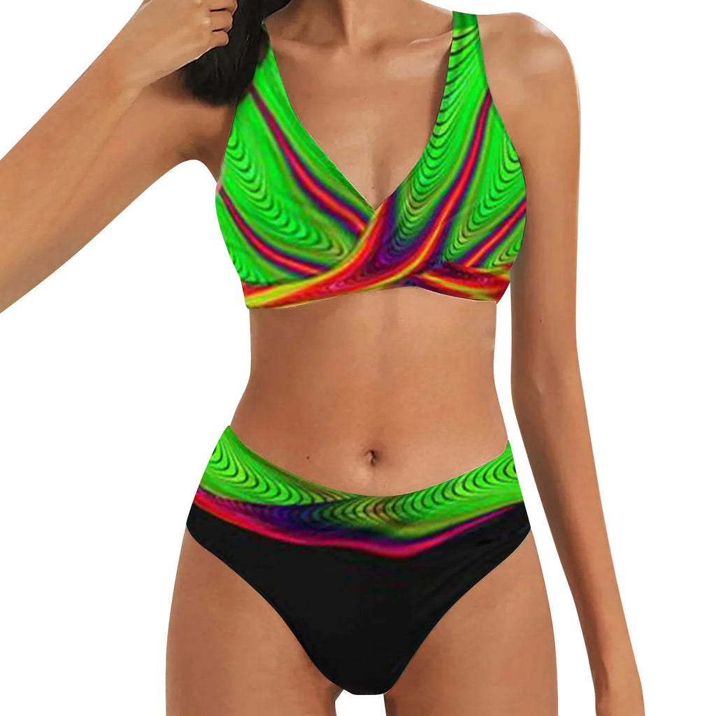 Color Block Two Piece Swimsuit Beach Bikini V Neck Swim Top And High-Waist Bikinibottom Briefs Ladies Tankini Swimwear Beachwear - Matrix-studios.com