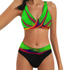 Color Block Two Piece Swimsuit Beach Bikini V Neck Swim Top And High-Waist Bikinibottom Briefs Ladies Tankini Swimwear Beachwear - Matrix-studios.com