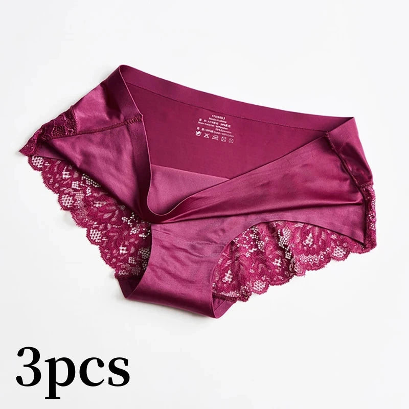 3pcs Lace Women's Panties French Seamless Underwear Female Ice Silk Briefs Solid Color Breathable Underpants Lingerie - Matrix Studios