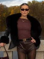 Black Fur Collar Leather Jacket Women Chic Solid Full Sleeves Waist Cinching V-neck Short Coat 2026 Lady High Street Outerwear - Matrix Studios