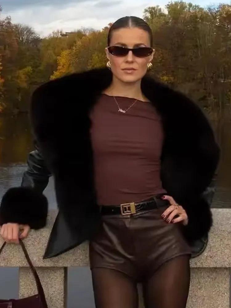 Black Fur Collar Leather Jacket Women Chic Solid Full Sleeves Waist Cinching V-neck Short Coat 2026 Lady High Street Outerwear - Matrix Studios