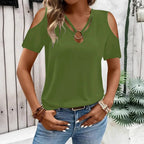 2025 New Summer Fashion Women's Blouses Hollow Out Short Sleeve Shirts Casual Off Shoulder Cross V-Neck Solid Colors Female Tops - Matrix-studios.com
