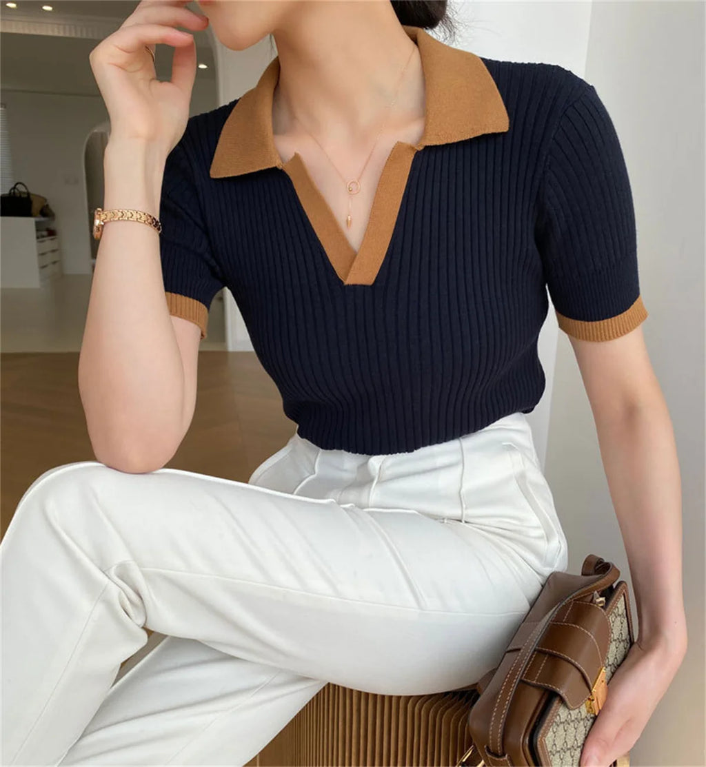 Short Sleeve Polo Neck Knitted Tops Women Lightweight Knitted Sweater Polo Shirts Elegant Office Lady Casual Chic Outfit - Matrix-studios.com