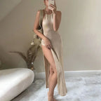 Women Cover Ups Sexy Hollow Out Dresses Spliced Sleeveless Split Long Dress Swimwears Sling Backless Knit Y2k Summer Beach - Matrix Studios