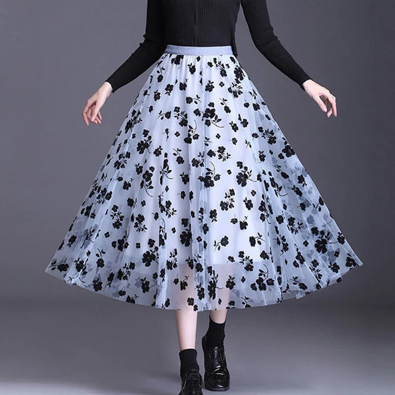 Korean Women Tulle Skirt Fashion Summer Hook Floral Loose Midi Skirt Elegant Female Casual All Match Mesh Skirts New - Matrix-studios.com