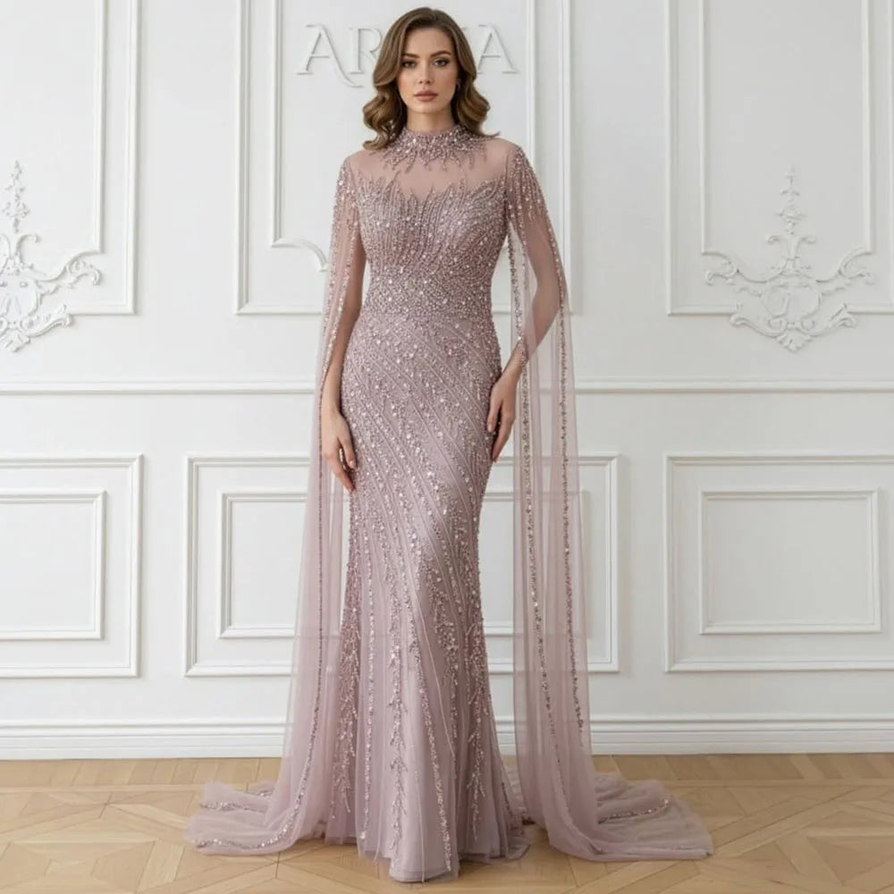 Eshaut&bridal Luxury Beaded Evening Dress Cape Sleeve Dubai Sheer Neck Mermaid Formal Prom Wedding Party Gown Customized 2026 - Matrix Studios
