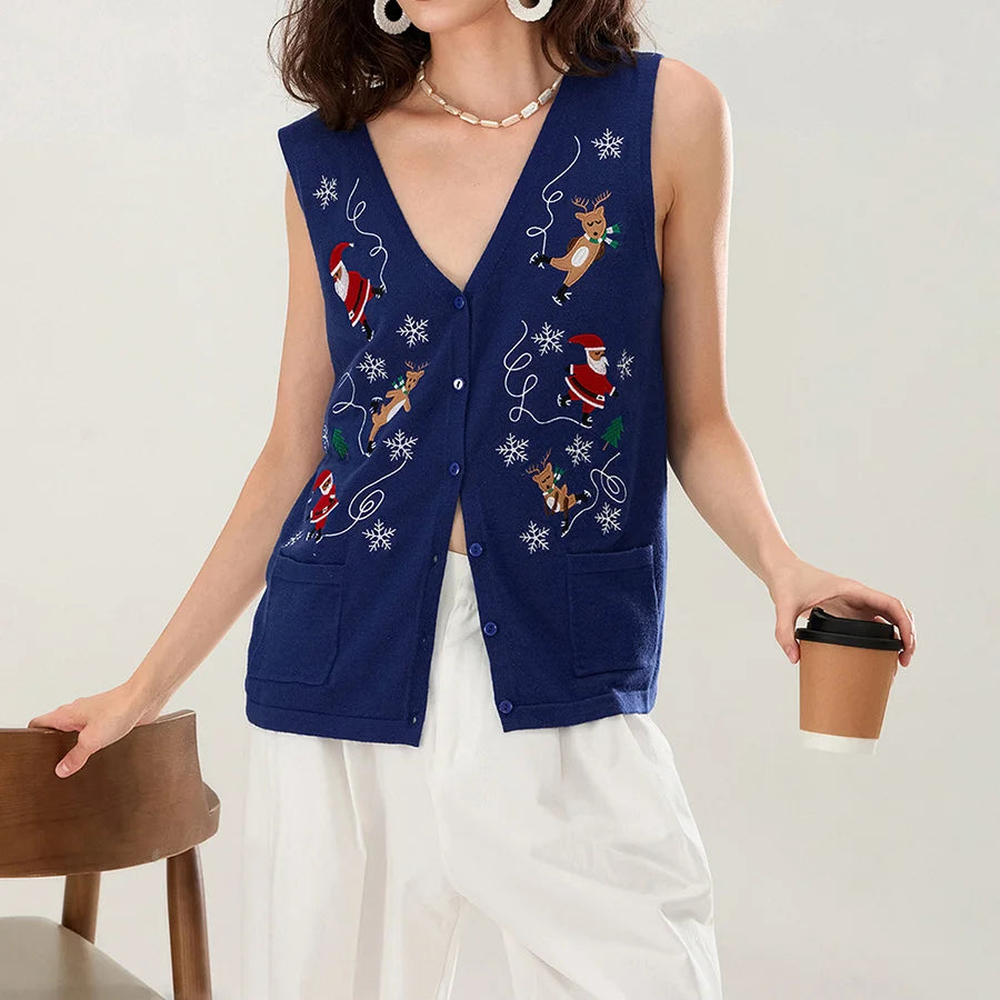 Women Christmas Sweater Vests Santa Claus Print Sleeveless Knit Cardigan Vest Christmas Holiday Tank Top Y2K Clothes - Matrix Studios